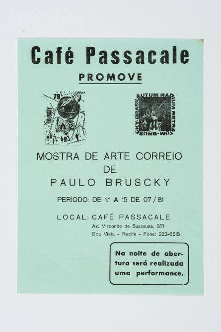 Café Passacale, promueve, muestra de arte correio de Paulo Bruscky [Café Passacale, promotes, Exhibition of Mail Art of Paulo Bruscky]