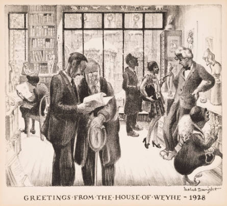 Weyhe Christmas Card: Interior of the Weyhe Gallery with Erhard Weyhe and Carl Zigrosser