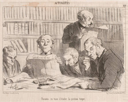Parisiens en train d'étudier la question turque [Parisians in the process of studying the Turkish question], plate 44 from Actualités, in Le Charivari, 4 August 1853