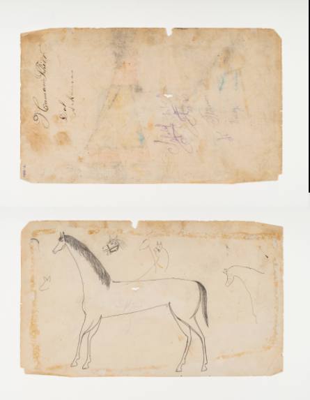 Schild Ledger Book: a) Signature page; b) Large horse, the heads of four horses, and the head of a man wearing a hood