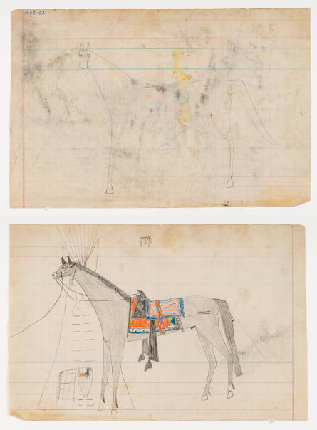 Schild Ledger Book: a) A sketch of a horse (profile); b) Tipi and a horse with decorative saddle