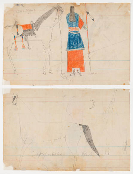Schild Ledger Book: a) Saddled horse with shield, Indian woman with long spear; b) Three large horses and one crescent