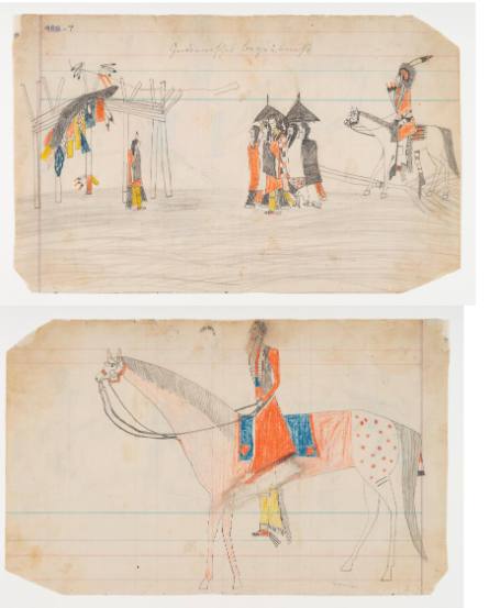 Schild Ledger Book: a) Bringing boughs to the Sun Dance Lodge; b) Horse and male rider