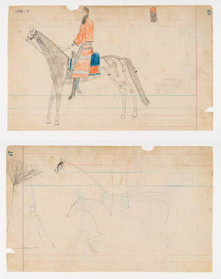 Schild Ledger Book: a) Horse and female rider; b) Horses, one man, and a tipi