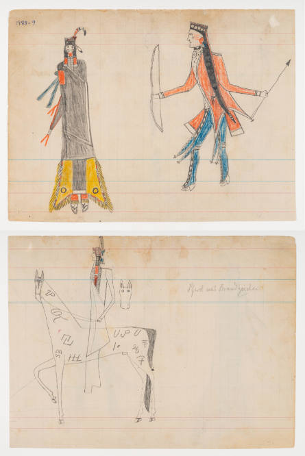 Schild Ledger Book: a) Two Indian men, one wrapped in a blanket, one placing an arrow in his bow; b) Rider on a brand-covered horse