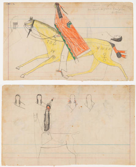 Schild Ledger Book: a) Blanketed warrior on galloping horse; b) Horse and rider and four faceless heads
