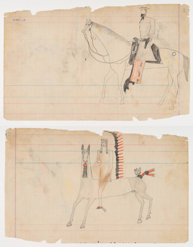 Schild Ledger Book: a) Horse and mounted white man; b) Horse and bonneted rider