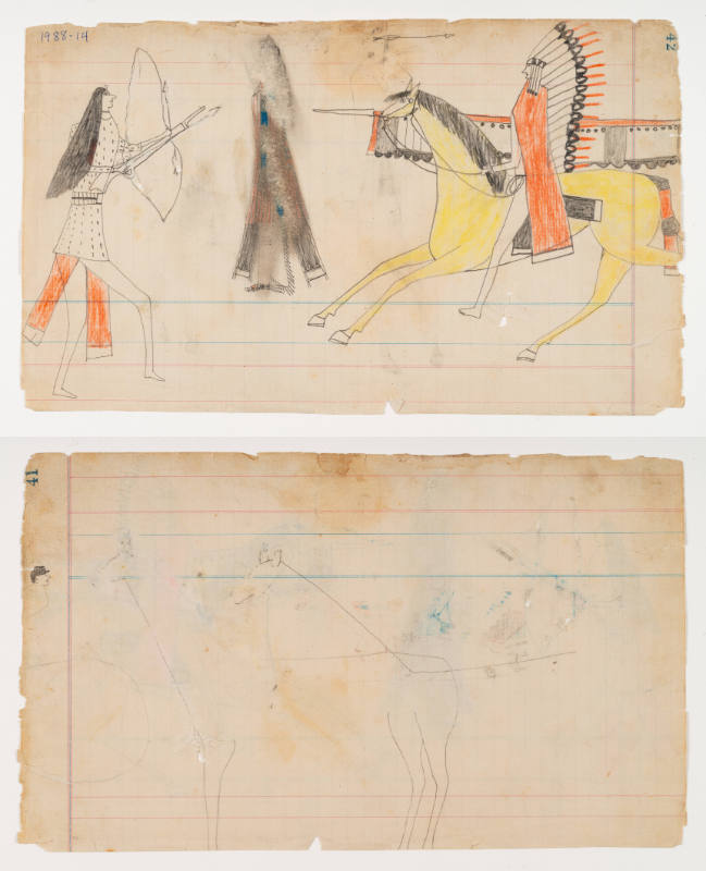 Schild Ledger Book: a) Confrontation between a mounter warrior and an Indian on foot; b) Two horses, a head with a kepi hat, and a circle
