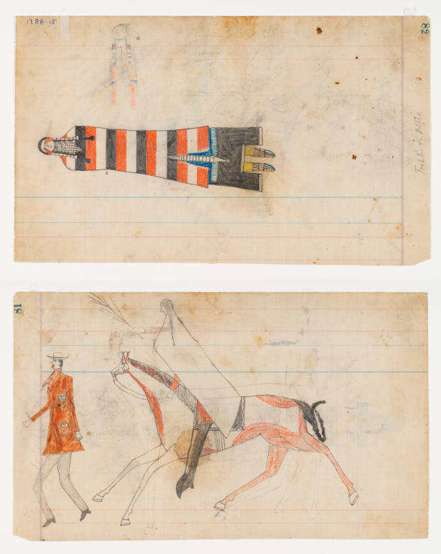 Schild Ledger Book: a) Indian woman in a striped blanket; b) Mounted warrior counts coup on an injured white man