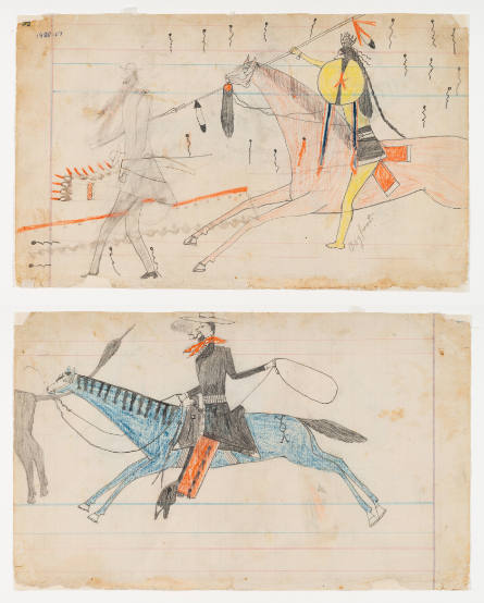 Schild Ledger Book: a) A white man flees from a mounted Indian; b) Mounted cowboy roping a cow
