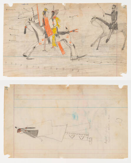 Schild Ledger Book: a) Mounted Indians under military pursuit; b) Incomplete drawing of Indian man