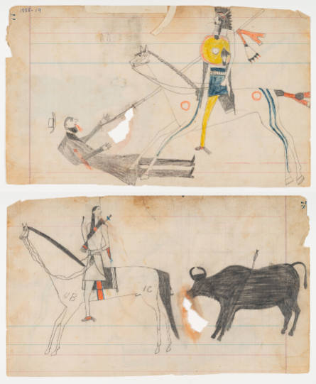 Schild Ledger Book: a) A mounted Indian slays prostrate white man; b) A mounted Indian and a wounded buffalo