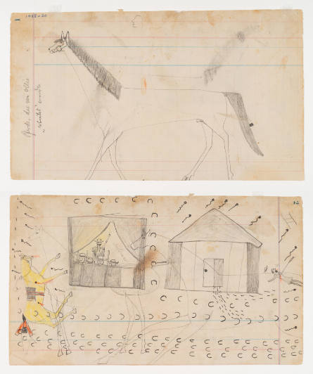 Schild Ledger Book: a) Sketch of a large horse and partial sketch of a man; b) Attack on two buildings housing white men