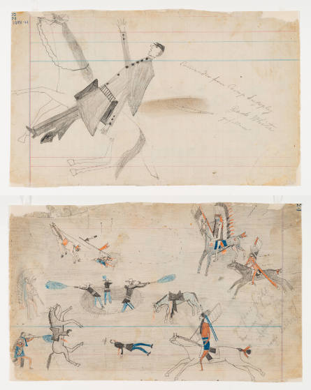 Schild Ledger Book: a) An American soldier falling from horse; b) Panoramic view of Indian attack