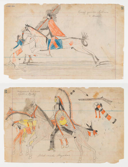 Schild Ledger Book: a) Confrontation between two mounted warriors; b) Confrontation between two mounted warriors in war bonnets