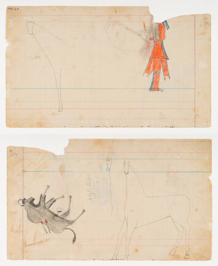Schild Ledger Book: a) An Indian man carrying a rattle; b) A wounded buffalo, a profile horse with head turned to viewer, the head and chest of a second horse, and the head of a second buffalo