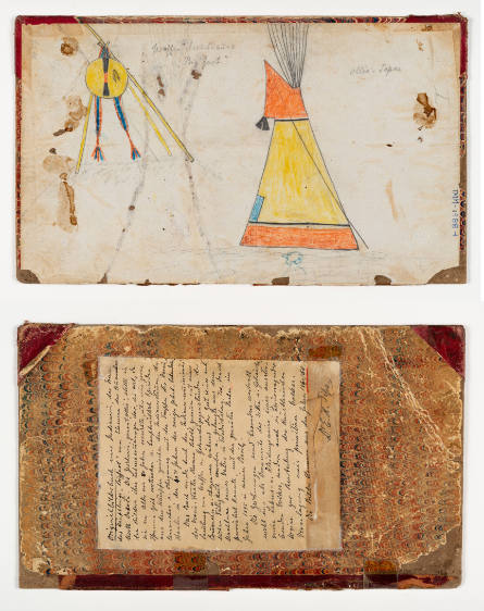 Schild Ledger Book: a) Painted tipi and decorated shield hanging on tripod; b) Book cover with inscription