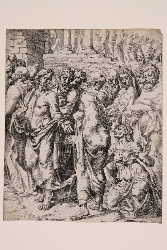 Christ and the Woman who was Cured of the Issue of Blood, plate 7 from The Fall and Salvation of Mankind Through the Life and Passion of Christ, after Maarten van Heemskerck