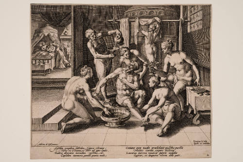 The Rich Man Bathing, Tended by Women, plate 2 from Parable of Lazarus and the Rich Man, after Maarten de Vos