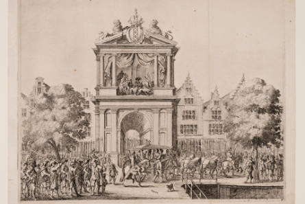 Procession on Oudezijds, Voorburgwal before a Triumphal Arch at Centre, after Jan Martsen, plate 4 from Festivals and Ceremonies Given to Maria de Medici by the City of Amsterdam