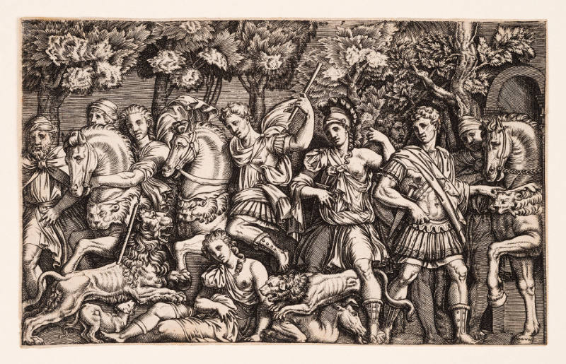 Lion Hunt, after Marcantonio Raimondi, after an antique funerary relief